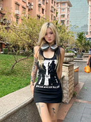 Y2k Kleidung 2000er Jahre Vintage Gothic Punk Muster Bedruckt Ärmellos Bodycon Sexy Sommer Damen Tank Top Minikleid