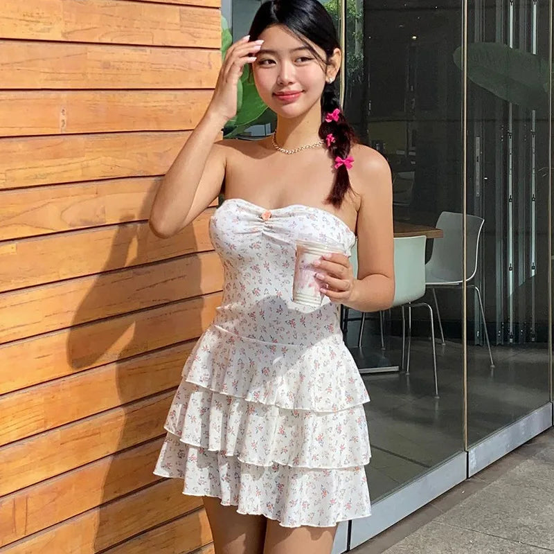 Frill Floral Dress For Women Fashion Backless One-shoulder Splice Strapless Slim Birthday Party Sweet Short Dress Female