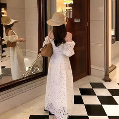 2025 Summer Korean Chic White Midi Dress Women Elegant French Hollow Out Sexy Kawaii Vestidos Fashion Casual Short Sleeve Dress