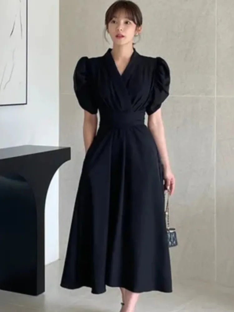Bürodame Korean Chic Solide Midikleider für Frauen Puffärmel V-Ausschnitt A-Linie Freizeitkleid mit Taschen Neue Vestidos Kleidung