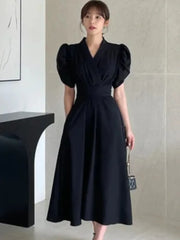 Bürodame Korean Chic Solide Midikleider für Frauen Puffärmel V-Ausschnitt A-Linie Freizeitkleid mit Taschen Neue Vestidos Kleidung