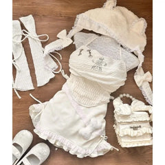Mode Süße Frische Trägerlosen Neckholder Weste + Oversleeve und Hut + Hohe Taille Rüschen Kordelzug Röcke Sumemr Neue Vier Stück Sets