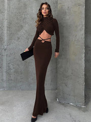 Fall New Skirts Suit Solid Color Long Sleeve Crop Top Twist Ruched Slim Lace Up Sexy Navel Exposed Skirt Matching Sets