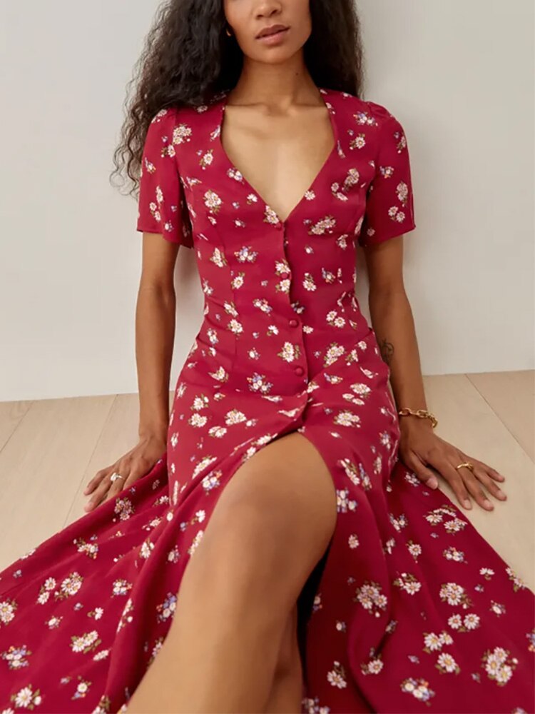 Women Dresses 2025 Back Waist Tie Vintage Print Floral Dress V Neck Short Sleeve Button Up Front Slit Summer Midi Dress