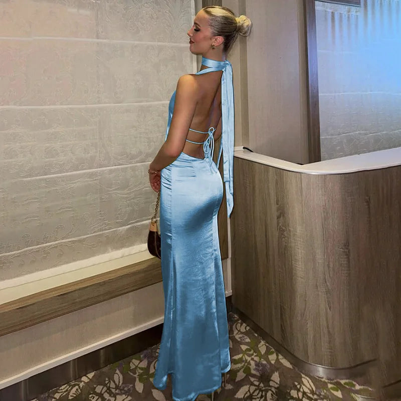 2025 Halter Strap V-Neck Long Dress Women's Sexy Hot Girl Backless Slim Party Dresses Elegant Satin Evening Party Maxi Dress