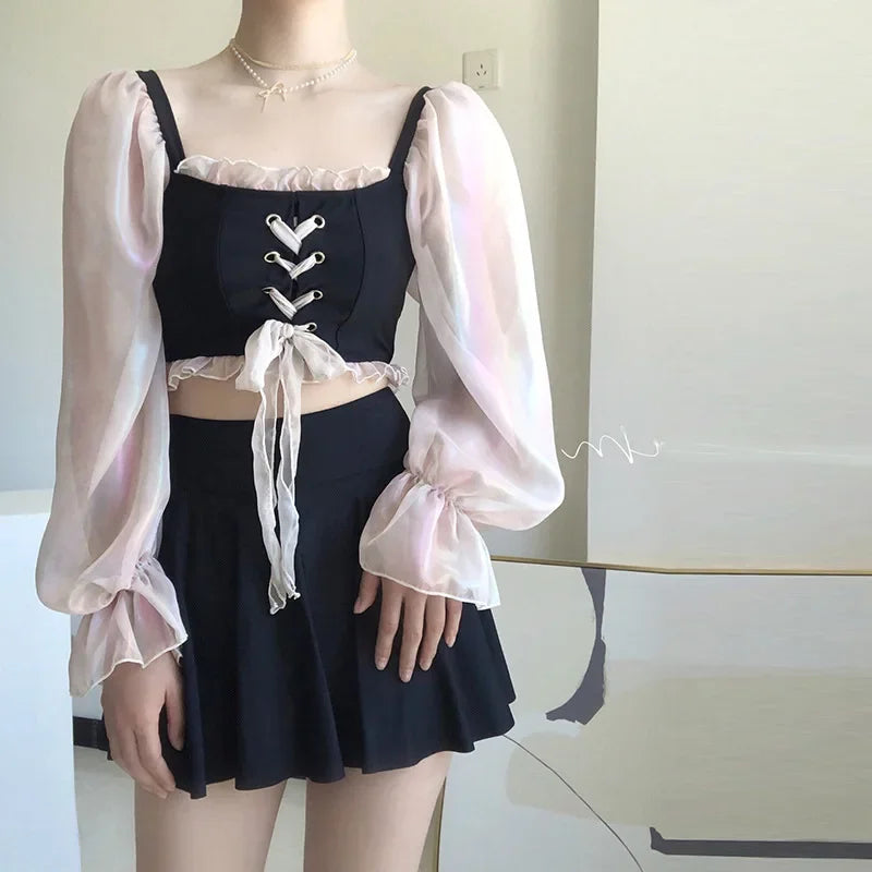 2024 New Korean 2 Pieces Swimsuit Women Short Skirt Net Bikini Band Hollowed Out Bikini Bow High Waisted Bikini Swimwear