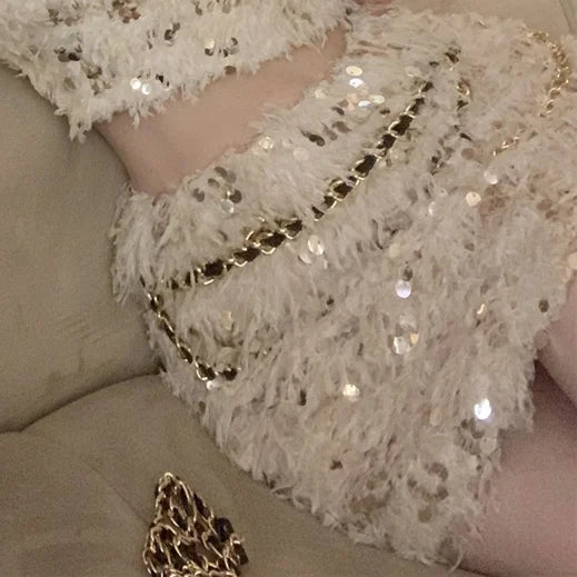 Spring Outfit Korean style Fashion Small Fragrance Sequins Two Piece Set Women Halter Top + Skirt Sets Summer Tweed Sweet 2 Piece Suits