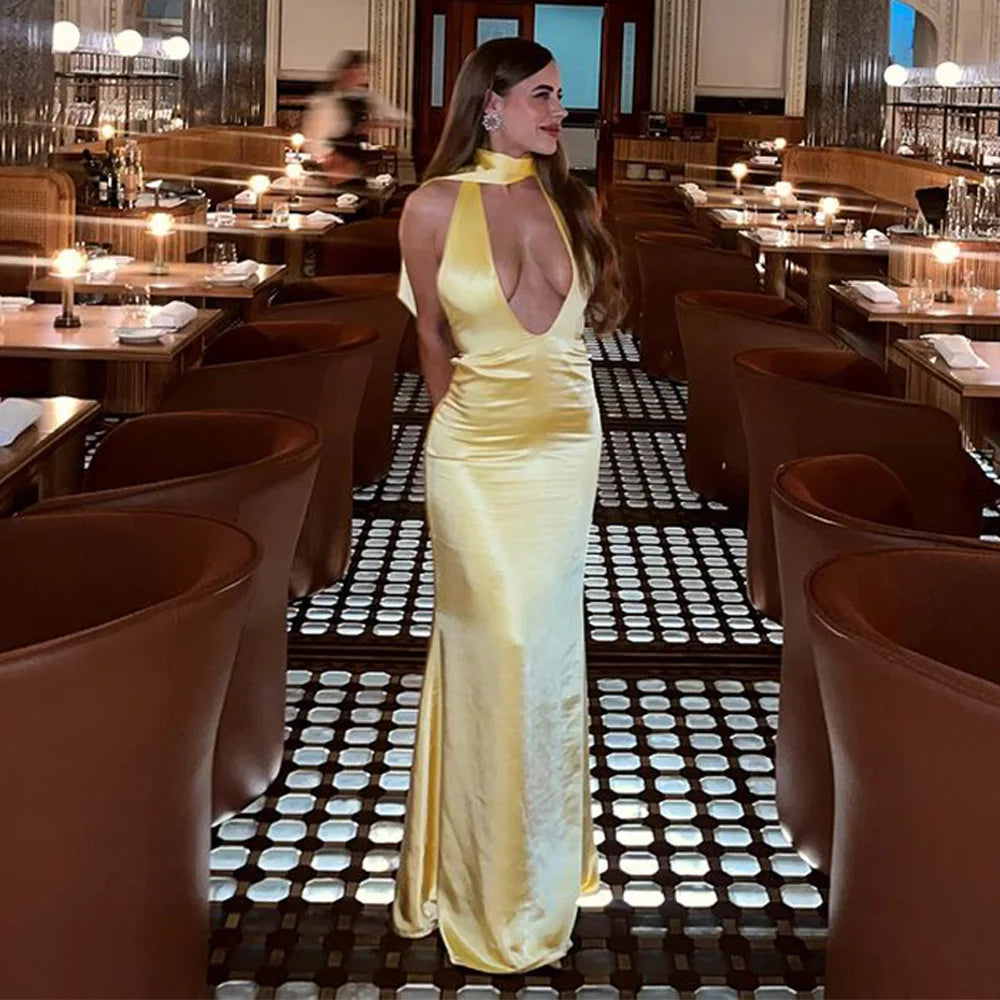 2025 Halter Strap V-Neck Long Dress Women's Sexy Hot Girl Backless Slim Party Dresses Elegant Satin Evening Party Maxi Dress