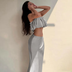 Ein-Schulter-Träger Crop Top Schlank Rock Anzug Für Frauen Sexy Satin Top Solide Langen Rock Weibliche Party Sommer Zwei Stücke Set