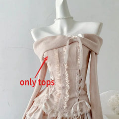 Fashion Sweet Bow Off Shoulder Long Sleeve Tops Women+ Y2k High Waist Ruched Cake Skirts 2024 Autumn New Two Piece Sets