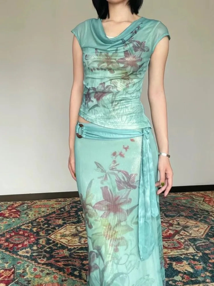 Vintage Dünne Mode Druck Oansatz Kurzarm Tops Frauen + Y2k Schlanke Taille Bodycon Röcke 2024 Sommer Neue Zwei Stück sets