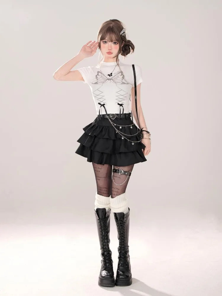 Sommer Damen Schnürrock Dark Academia E-Girl Japanisch Y2k Unregelmäßiger Midi Plissee Jeansrock Gyaru Coquette Harajuku 2000er Jeans Neu