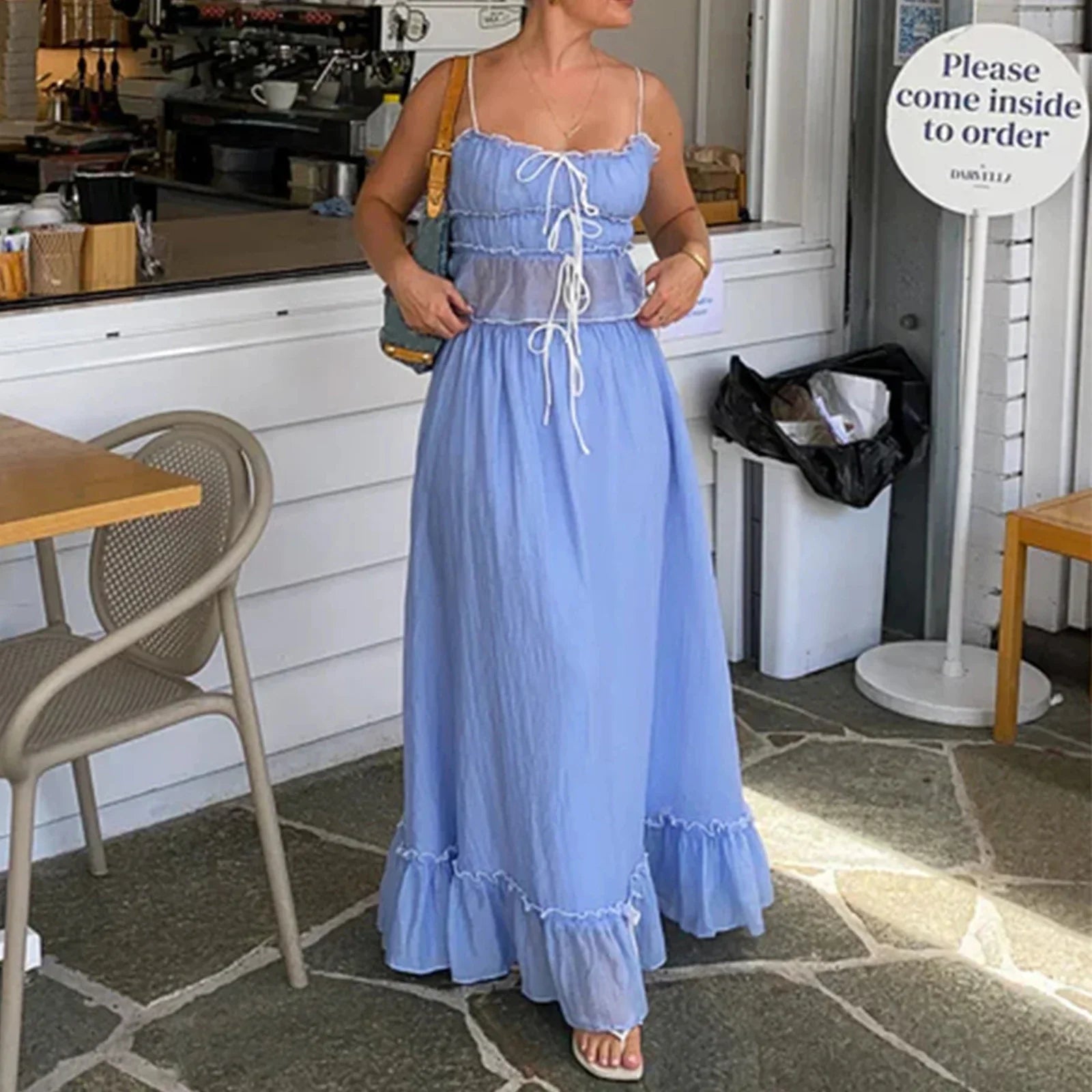 Fairy Vintage Outfits Streetwear Eleganter Urlaub 2-teilig Rüschen vorne zum Binden Crop Top Camis + High Waist A-Linie Maxi langer Rock