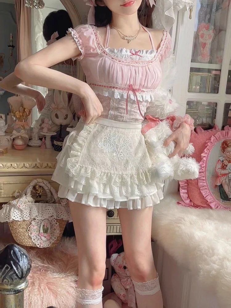 Kawaii Minirock mit Blumenstickerei, Spitze, Patchwork, A-Linie, Lolita-Rock für Damen im japanischen Stil, Cutecore, Röcke mit hoher Taille