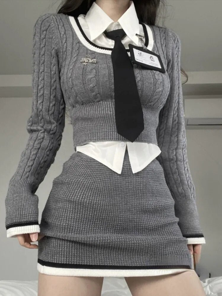 Graues 3-teiliges Set im Preppy-Stil für Damen, koreanische Mode, gestrickter Minirock, lässige Bluse + warme Pullover + eleganter Rock