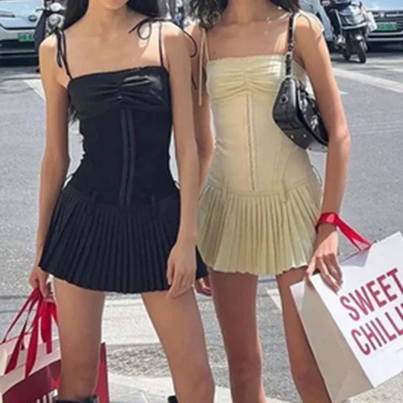 Fairy Cottage Spaghettiträger Slim Fit Faltenrock 90er Vintage Elegantes Korsett Minikleid Y2K Aesthetic Chic Damen Streetwear