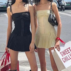 Fairy Cottage Spaghettiträger Slim Fit Faltenrock 90er Vintage Elegantes Korsett Minikleid Y2K Aesthetic Chic Damen Streetwear