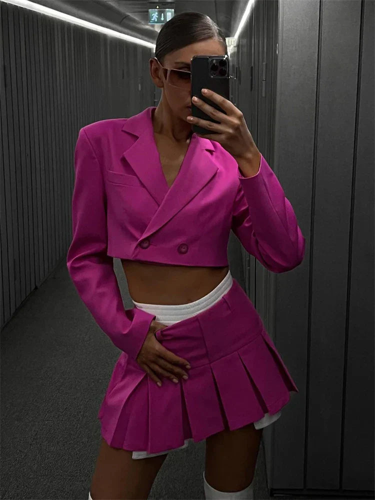 2023 Casual Blazer And Skirt Sets For Women Two Piece Set Outfits Gray Ladies Cropped Coat Blazer Femme 2-Piece Sets New