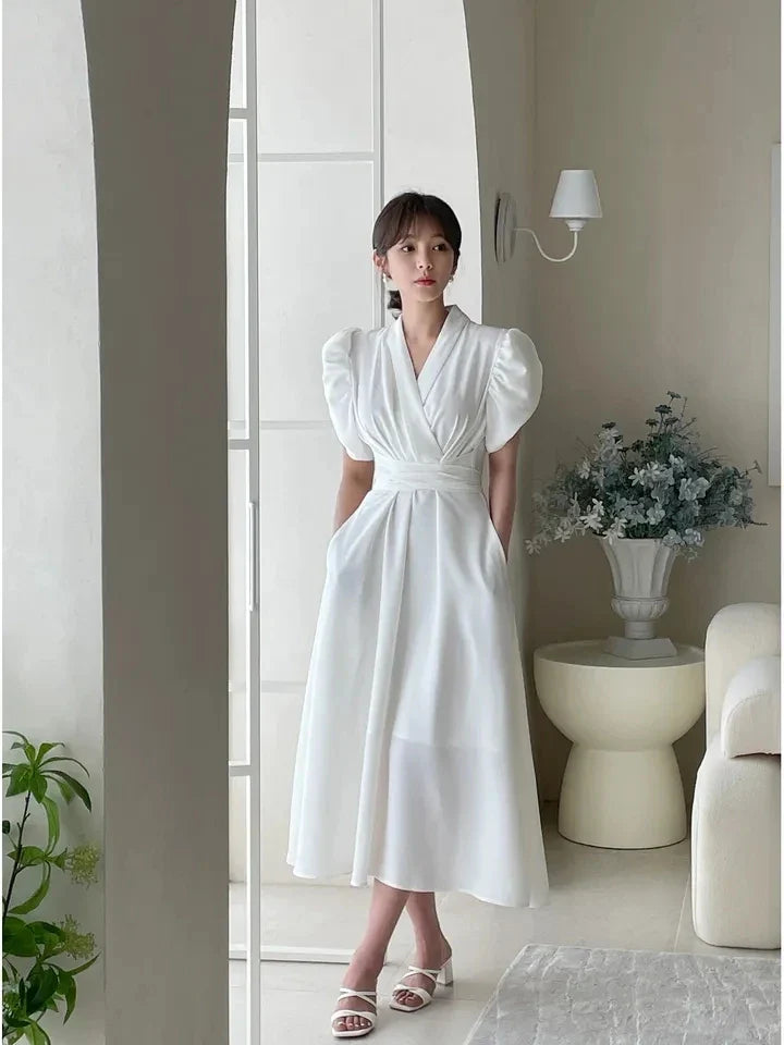 Bürodame Korean Chic Solide Midikleider für Frauen Puffärmel V-Ausschnitt A-Linie Freizeitkleid mit Taschen Neue Vestidos Kleidung