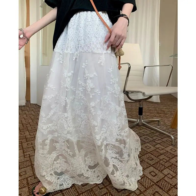Vintage Spitze Weißen Rock für Frauen Y2k Grunge Hohe Taille A-linie Röcke 2024 Frühling Herbst Neue Mid-länge Faldas mujer