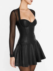 Black Leather Mesh Splice Dress For Women Plunge Bodycon Sexy Short Dress Long Sleeve Club Casual Party Fold Dress Ladies
