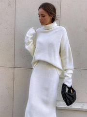 Ribbed Knit 2 Piece Dress Set Outfits Ladies  Knitwear Top And Midi Skirt Sets For Women Casual Winter Sweater Sets 2023
