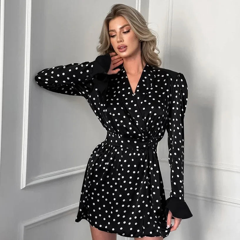 Fashion Dot Lace Up Dress Female Puff Sleeve A-Line Hem Dress Office Lady Elegant Slim Dresses High Street Autumn 2025