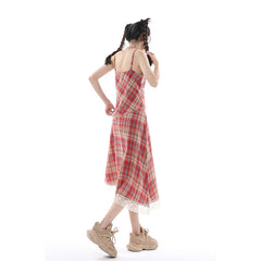 Back to school Women's Wear Strap Dress Lace Plaid Chic Slim Skirt Backless Summer French Vintage Sleeveless Suspender Mid-length Skirt