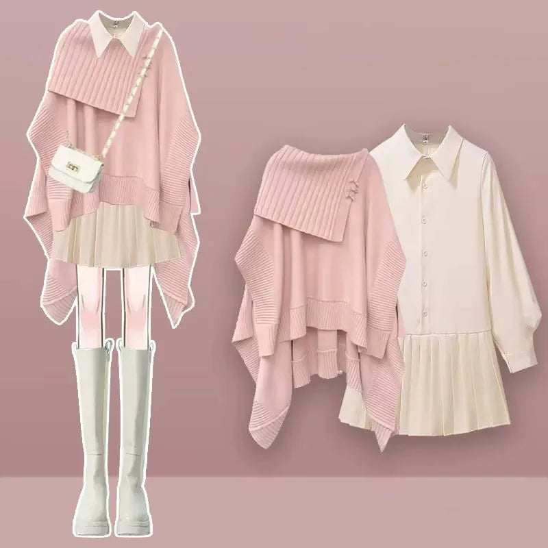 2024 Spring New Loose Knitted Shawl Sweater Mini Pleated Short Skirt Two Piece Set Elegant Women's Skirt Set Outfits