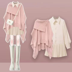 2024 Frühjahr Neue Lose Gestrickte Schal Pullover Mini Plissiert Kurzen Rock Zwei Stück Set Elegante frauen Rock Set Outfits