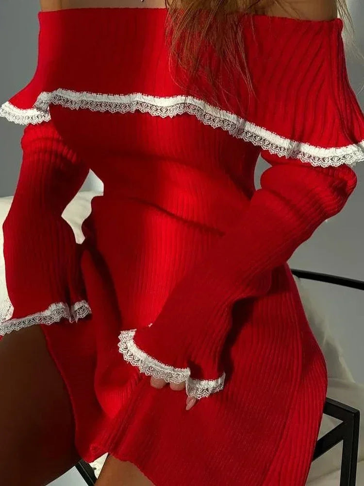 Knit Off-Shoulder Sweater Mini Dress Women's Lace Patchwork Ribbed Slim Backless Elegant Party Dress Knitwear Dress New