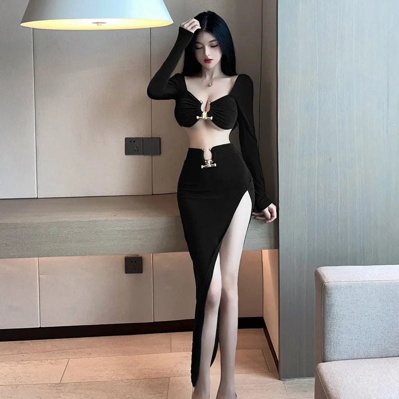 Unterwäsche Neue Sexy Trägerlosen Langen Ärmeln Ausgehöhlt Lange Zwei Stück Rock Set Bandage Off Schulter Top Mode Süße HS88