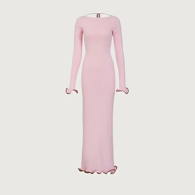 Backless Ruffled Knitted Long Dress For Women Contrast Color Flare Sleeve Autumn Sexy Bodycon Evening Party Sweater Dress