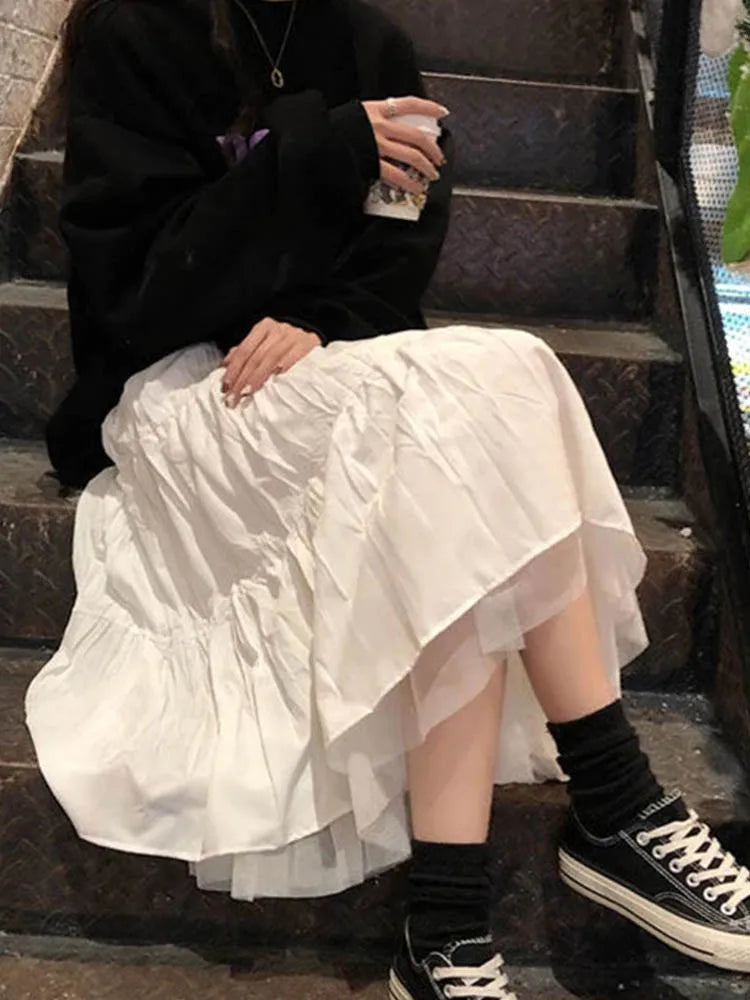 Long Tulle Midi Skirts Womens 2024 Autumn Elastic High Waist Mesh Tutu Pleated Skirts Female Black White Long Skirt Streetwear