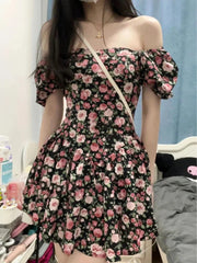 Preppy Wind Sweet Spicy Rose Fragmented Flower Dress For Women's Summer 2025 New French Puff Sleeve Short Skirt With Waist 6OA0