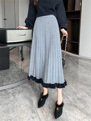 Knitted Long Skirt Women Autumn Winter Casual Warm Pleated Skirts Female Korean Fashion Elegant High Waist A Line Ruffles Skirt