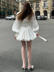 Elegant White Sexy V Neck Mini Dress Female Lantern Long Sleeve Retro Casual Ball Gown Dresses High Waist Fashion