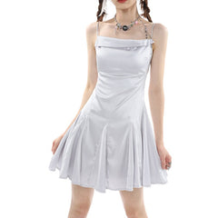 Zurück zur Schule Sommer Silber Damen Trägerkleid Ärmellos High Level Sense Fashion Swinging Collar Straps Satin Kurzrock Kleid