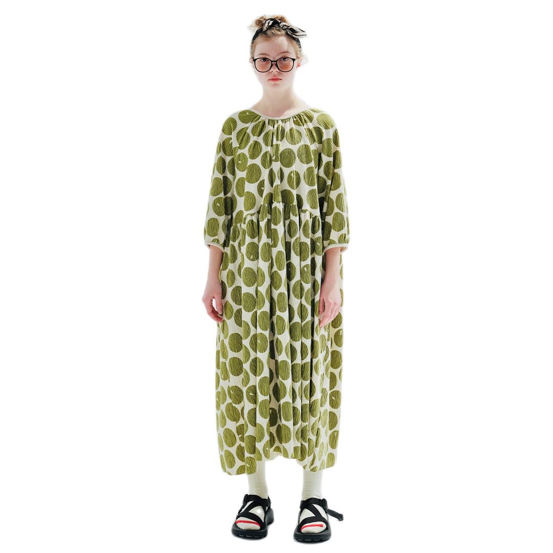 Original 2023 Long-sleeved pullover Velvet Pressed Wrinkle Green Wave Dot dress casual skirt Women