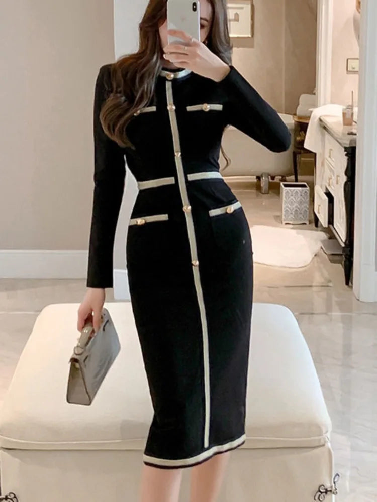 Herbst Winter Neue High-End Luxus Frauen Casual Langarm Korsett Wrap Elegante Lange Kleid Damen Tasche Design Vintage Schwarz Kleid