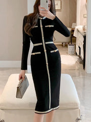 Herbst Winter Neue High-End Luxus Frauen Casual Langarm Korsett Wrap Elegante Lange Kleid Damen Tasche Design Vintage Schwarz Kleid