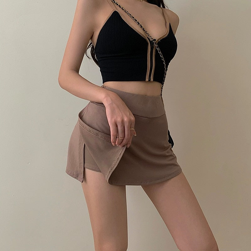 Zurück zum College Tennisrock Damen Hohe Taille Mädchen Enge Tasche Hüfte Kurzer Rock Sommer Sport Culottes Split A-Linie Minirock Y2K 