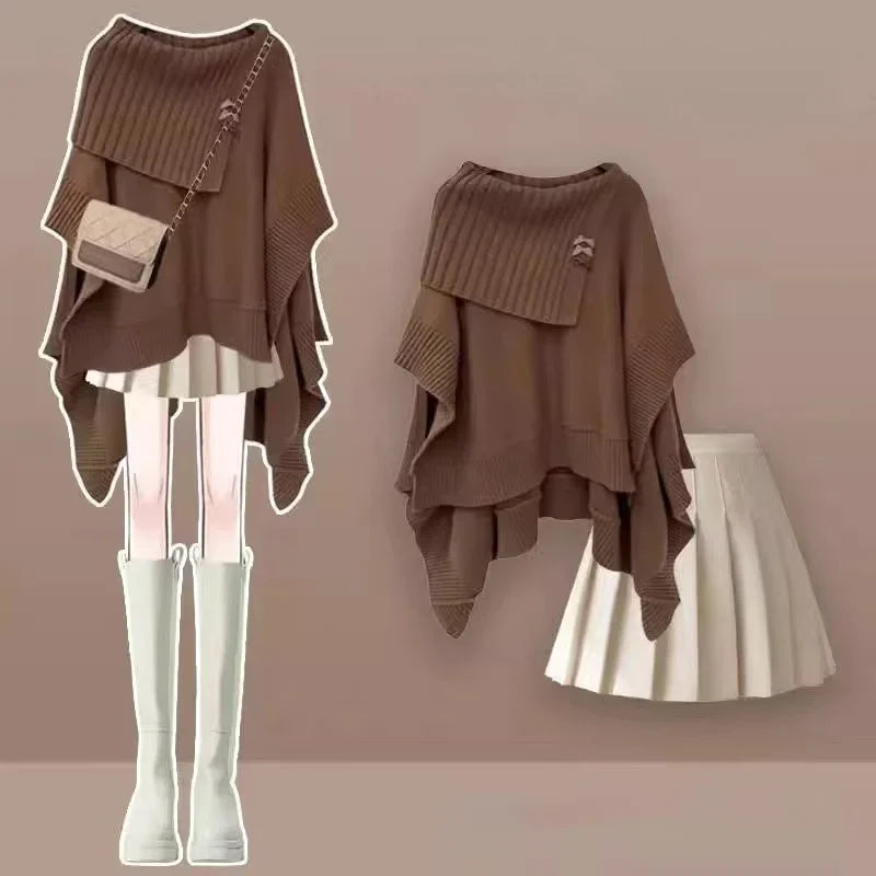 2024 Frühjahr Neue Lose Gestrickte Schal Pullover Mini Plissiert Kurzen Rock Zwei Stück Set Elegante frauen Rock Set Outfits