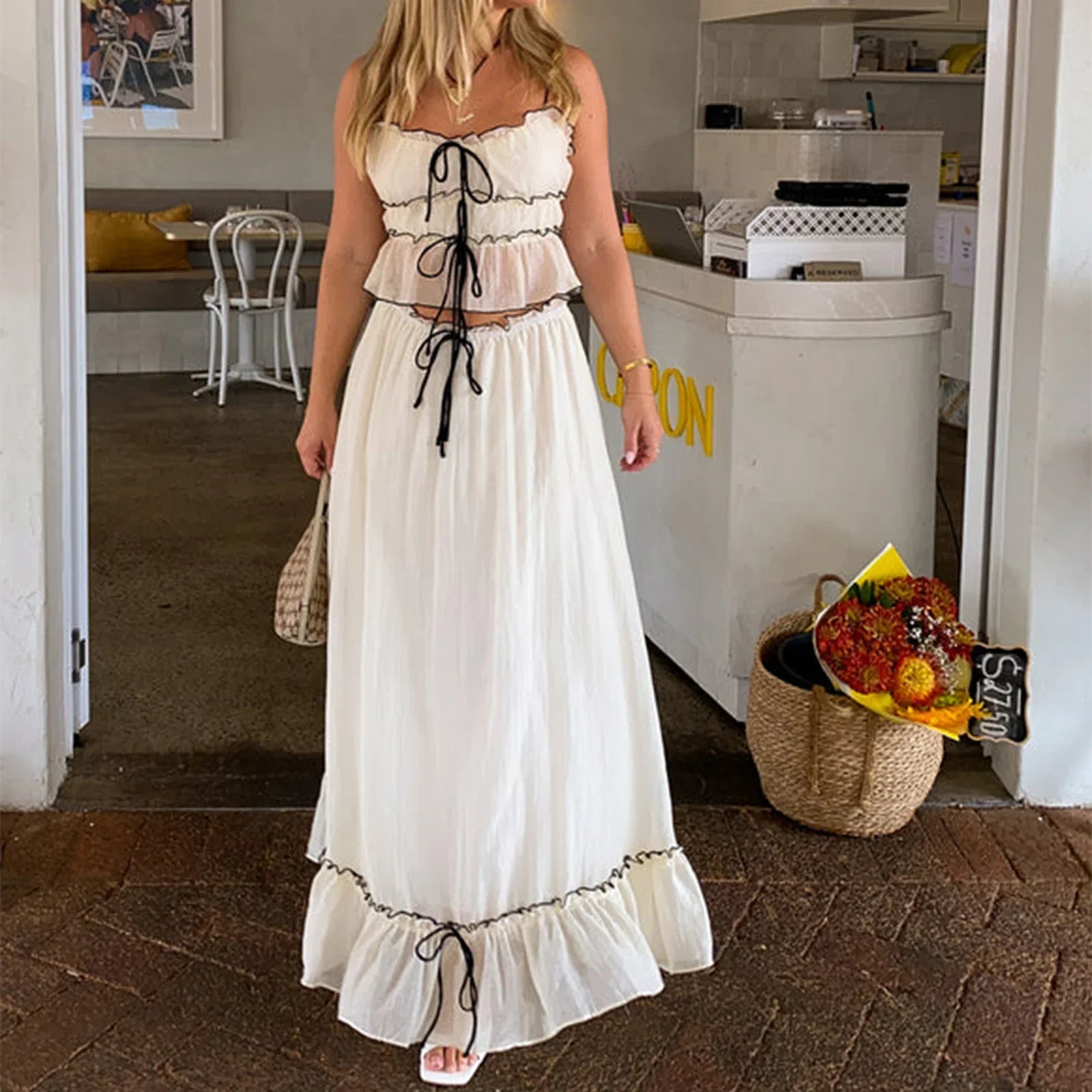 Fairy Vintage Outfits Streetwear Eleganter Urlaub 2-teilig Rüschen vorne zum Binden Crop Top Camis + High Waist A-Linie Maxi langer Rock