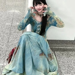 Elegant Vintage Tie Dye Slim Fit Fungus Long Sleeve Tops Women+ Y2k High Waist Ruched Skirts 2024 Summer New Two Piece Sets