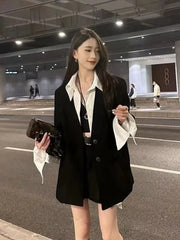Korean Fashion Fake Two Piece Long Sleeve Coat Women+ Y2k Grunge High Waist Black Skirts 2024 Autumn New   Sets