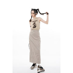 Graduation Gift Summer Women Cargo Slit Longuette Skirt High Waist Casual American Safari Style Vintage Straight Female Streetwear Slit Skirt