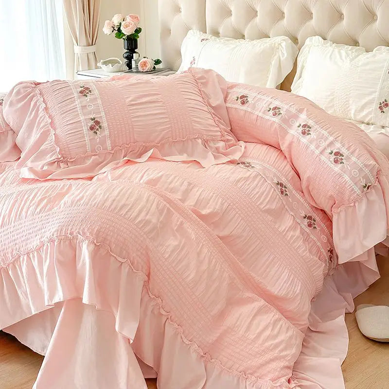 Lace Bedding Set for Girls, Princess Duvet Cover with Sheet, Soft Washed Cotton, French Romantic Home Textiles, Elegant and Soft