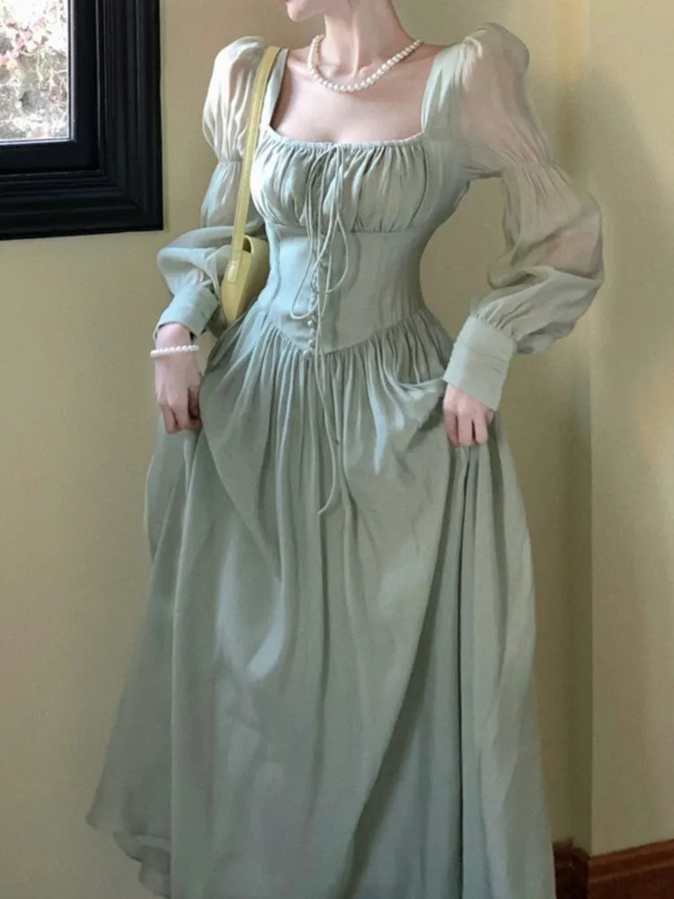 Elegant Midi Dresses for Women French Vintage Princess Party Dress High Waist A-line Prom Robe One Piece Vestidos Mujer New 2025