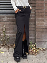Schwarzer langer Rock für Damen, lässige Streetwear, hohe Taille, schlanke, figurbetonte Röcke, geteilter Damen-Basic-Gerade-Maxirock